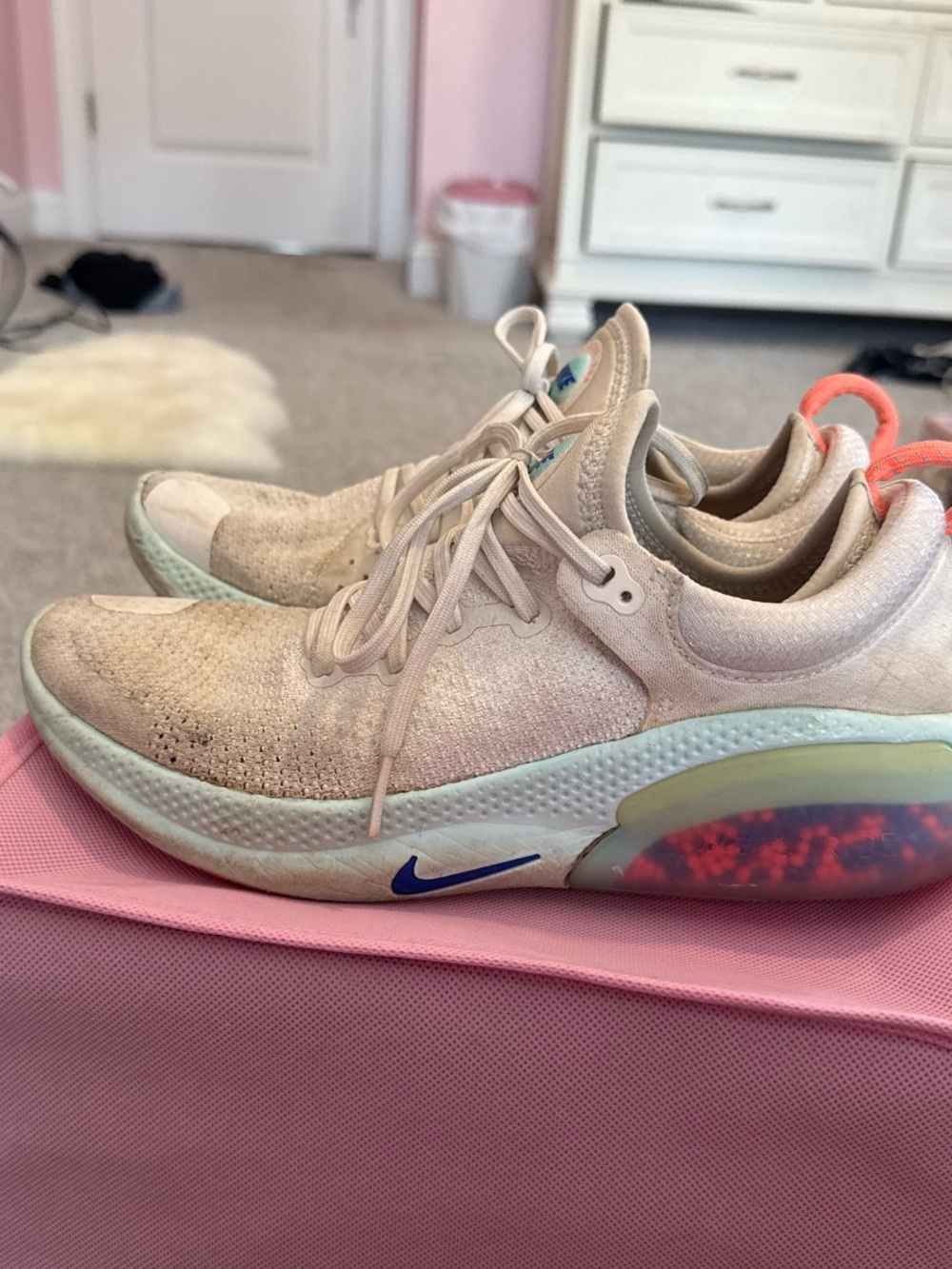 Nike Women's Pink Beige Athletic Sneakers with Blue and Coral Accents